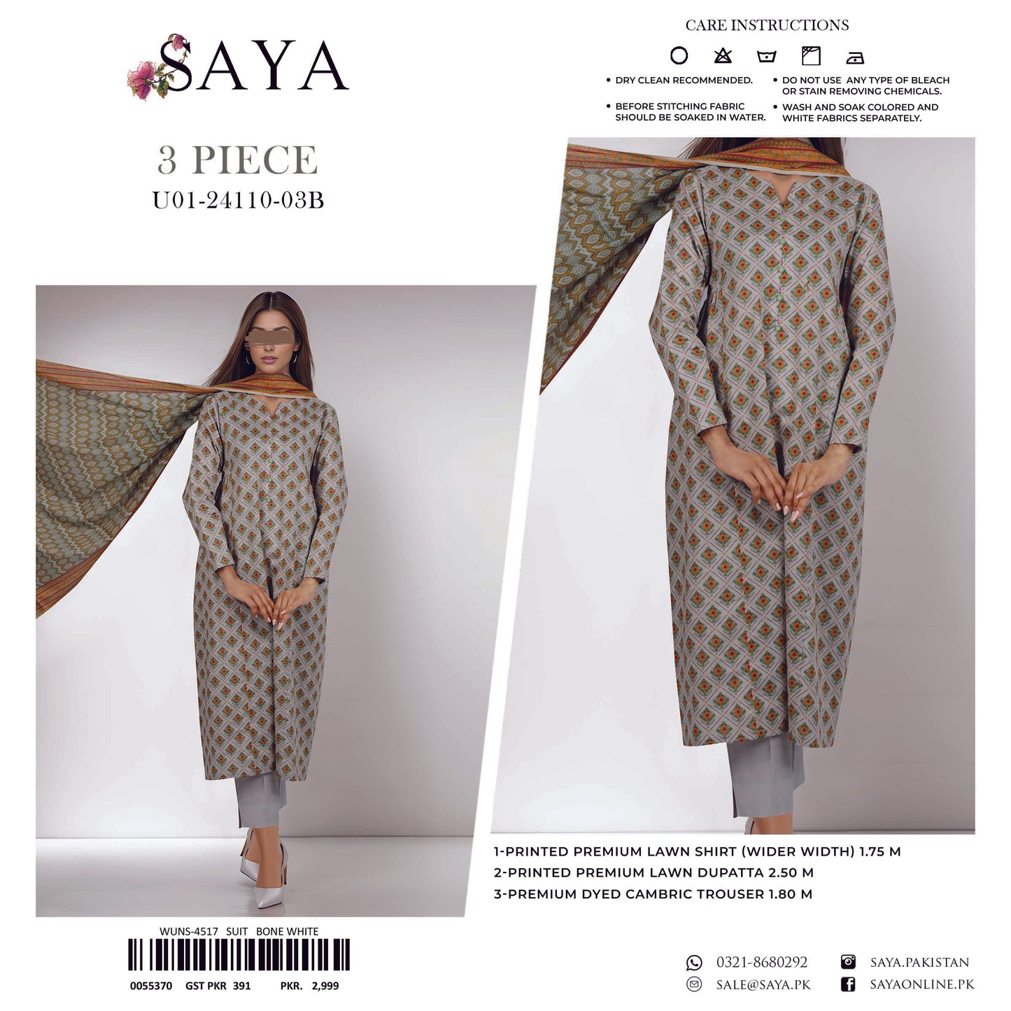 SAYA Original Unstitched Lawn 3-Piece Suit by Sohaib I.